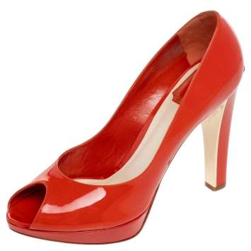 Pre Owned Dior Orange Patent Leather Miss Dior Peep Toe Pumps Size 39