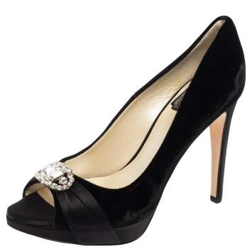Pre Owned Dior Black Velvet and Satin Empire Crystal Embellished Peep Toe Platform Pumps Size 37