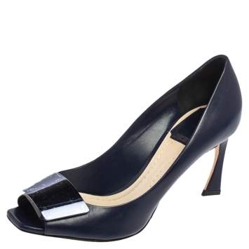 Pre Owned Dior Navy Blue Leather Declinaison Defile Open Toe Pumps Size 36