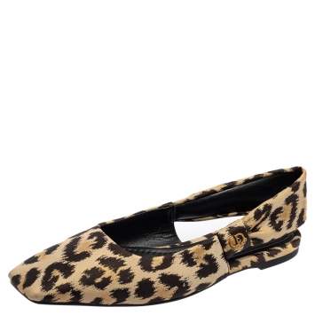 Pre Owned Dior Beige/Black Leopard Print Fabric Mizza Slingback Flat Pumps Size 38