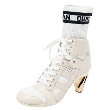 Pre Owned Dior Beige/White Leather and Knit Fabric D-Zenith Heeled Ankle Boots Size 37.5