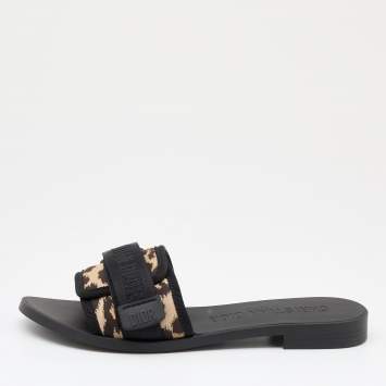 Pre Owned Dior Black/Beige Printed Fabric Dio(r)evolution Flat Slides Size 37