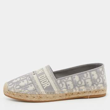 Pre Owned Dior Dark Grey/White Oblique Embroidered Cotton Fabric Granville Espadrille Flats Size 37.5