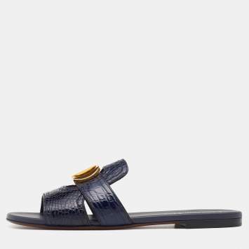 Pre Owned Dior Navy Blue Alligator Leather 30 Montaigne Flat Slides Size 38