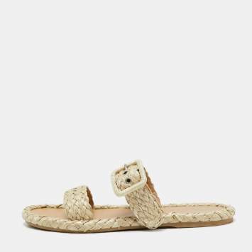 Pre Owned Dior Beige Woven Straw Flat Slides Size 39