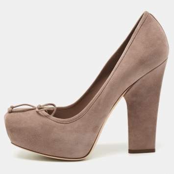 Pre Owned Dior Beige Suede Bow Square Toe Block Heel Pumps Size 38.5