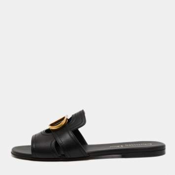 Pre Owned Dior Black Leather 30 Montaigne Flat  Sandals Size 36
