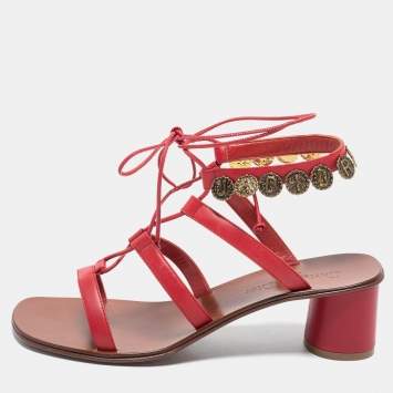 Pre Owned Dior Red Leather Zodiac Ankle Tie Sandals Size 38.5