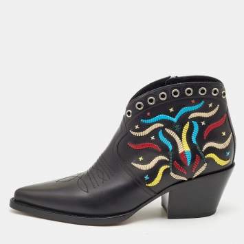Pre Owned Dior Black Leather Embroidered Cowboy Ankle Boots Size 39