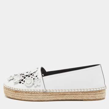 Pre Owned Dior Light Grey Laser Cut Leather Flower Applique Flore Flat Espadrilles Size 38
