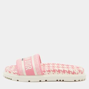 Pre Owned Dior Pink/White Canvas Dway Flat Slides Size 38.5