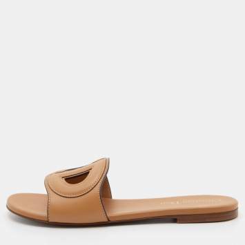 Pre Owned Dior Beige Leather D Club Flat Slides Size 37.5