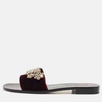 Pre Owned Dior Burgundy Velvet Crystal Embellishment Flat Slides Size 39