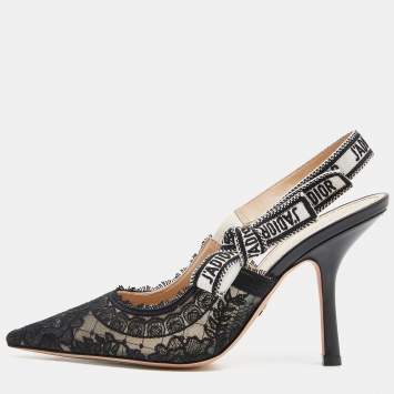 Pre Owned Dior Black Lace and Leather Jadior Slingback Pumps Size 38.5