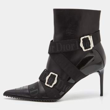 Pre Owned Dior Black Leather and Elastic Logo Strap And Buckle Embellished Pointed Toe Ankle Boots Size 39.5