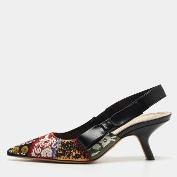 Dior Multicolor Fabric and Leather Embellished Slingback Pumps Size 37