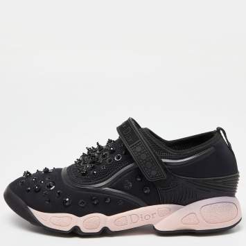 Pre Owned Dior Black Embellished Fabric and Mesh Fusion Sneakers Size 40