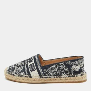 Pre Owned Dior Navy Blue/White Embroidered Canvas Granville Espadrille Flats Size 38