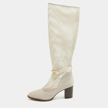 Pre Owned Dior Cream Mesh and Leather Knee Length Boots Size 39