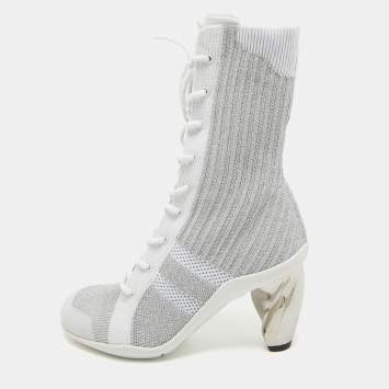 Pre Owned Dior Silver Knit Fabric D-Zenith Ankle Boots Size 37.5
