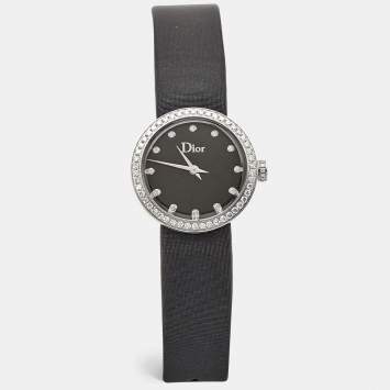 Pre Owned Dior Black Stainless Steel Diamond Satin La D De Dior CD043114A002 Women Wristwatch 25 mm