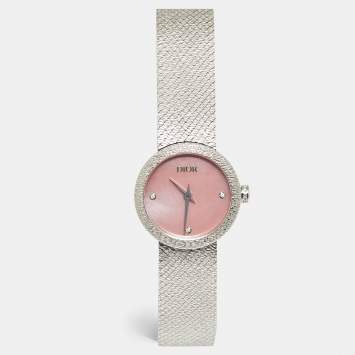 مملوكة مسبقًا Dior La D De Dior Satine CD4111X1295 Pink Mother Of Pearl Diamond Stainless Steel Women's Wristwatch 25 mm