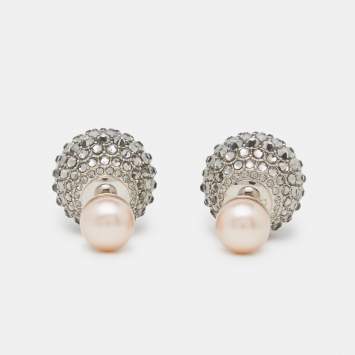 Pre Owned Dior Tribales Crystals Faux Pearl Silver Tone Earrings