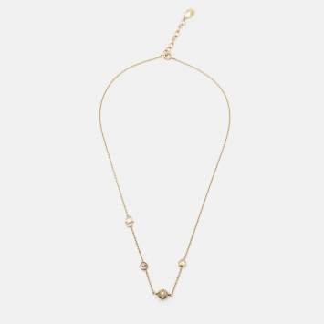 Pre Owned Dior Gold Tone Secret Cannage Faux Pearl Crystal Station Necklace