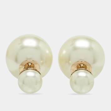 Pre Owned Dior Tribales Cream Faux Pearl Gold Tone Stud Earrings