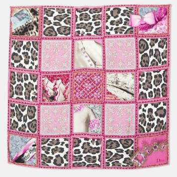 Pre Owned Dior Pink Jewel & Animal Grid Print Silk Scarf