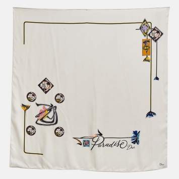 Pre Owned Dior Off -White Silk Paradise Dior Scarf 
