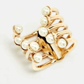 Pre Owned Dior Diorific Faux Pearl Gold Tone Open Cuff Ring Size L