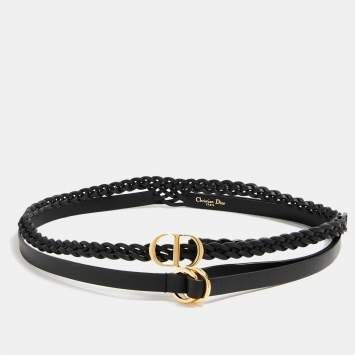 Pre Owned Dior Black Leather CD Double Braided Buckle Belt 80CM