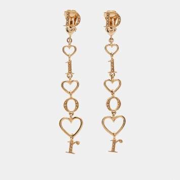 Pre Owned  Dior Heart Letter Spell Out Gold Tone Crystal Drop Earrings