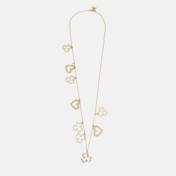 Pre Owned Dior  Crystal Heart Clover Charms Gold ToneChain Necklace
