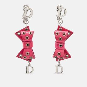Pre Owned Dior Pink Bow Patent Leather Drop Earrings