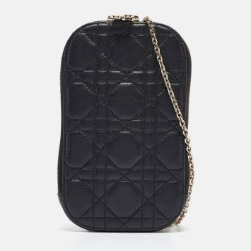 Pre Owned Dior Black Cannage Leather Lady Dior Call'in Dior Phone Holder with Chain