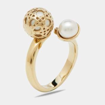 Pre Owned Dior Secret Cannage Faux Pearl Crystal Gold Tone Open Ring Size 49