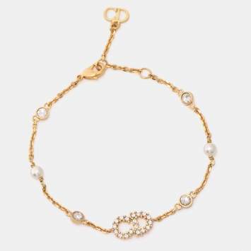 Pre Owned Dior Claire De Lune Crystals Faux Pearls Gold Tone Bracelet