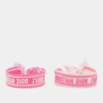 Pre Owned Dior J'adior Pink/White Woven Cotton Set of Two Adjustable Tassel Bracelets