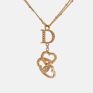 Pre Owned Dior Crystal Heart  Gold Tone Pendant Necklace