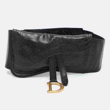 Pre Owned Dior Black Crinkled Leather and Elastic Saddle Belt 90 CM