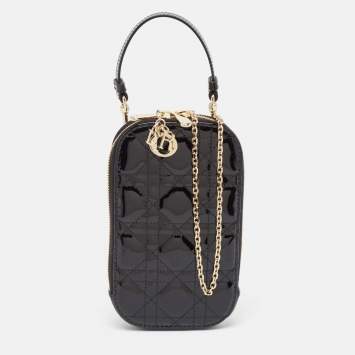 Pre Owned Dior Black Cannage Patent Leather Call'in Chain Phone Holder 