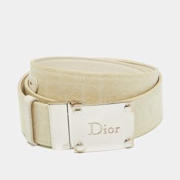 Pre Owned Dior Beige/White Oblique Canvas and Leather Logo Plague Reversible Belt 85CM