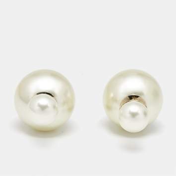Pre Owned Dior Tribales Faux Pearl Gold Tone Metal Stud Earrings