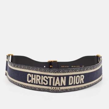 Pre Owned Dior Navy Blue Embroidered Canvas and Leather Buckle Waist Belt 80CM