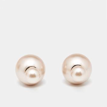 Pre Owned Dior Tribales Faux Pearl Gold Tone Stud Earrings