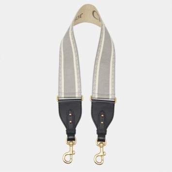 Pre Owned Dior Grey/White Embroidered Logo Canvas and Leather Shoulder Bag Strap