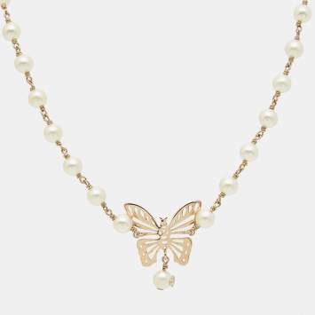 Pre Owned Dior Butterfly Faux Pearl Gold Tone Necklace