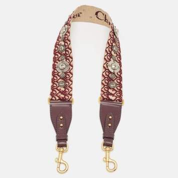 Pre Owned Dior Burgundy Canvas and Leather Studded Saddle Shoulder Bag Strap